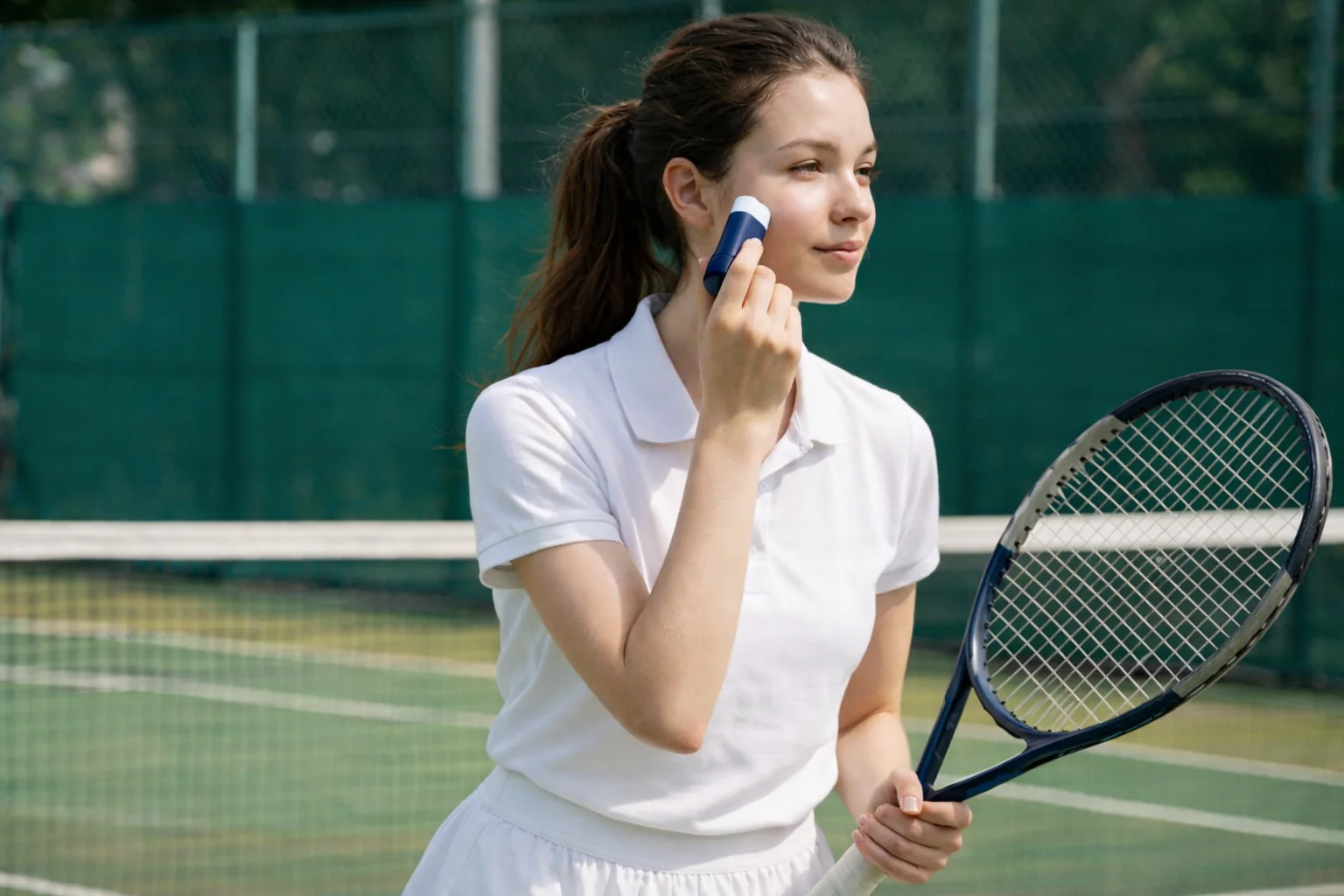 girl playing tennis applies sunscreen